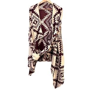 KATE collection Womens Sweater Cardigan Aztec Open Front Wrap Red & Cream Medium